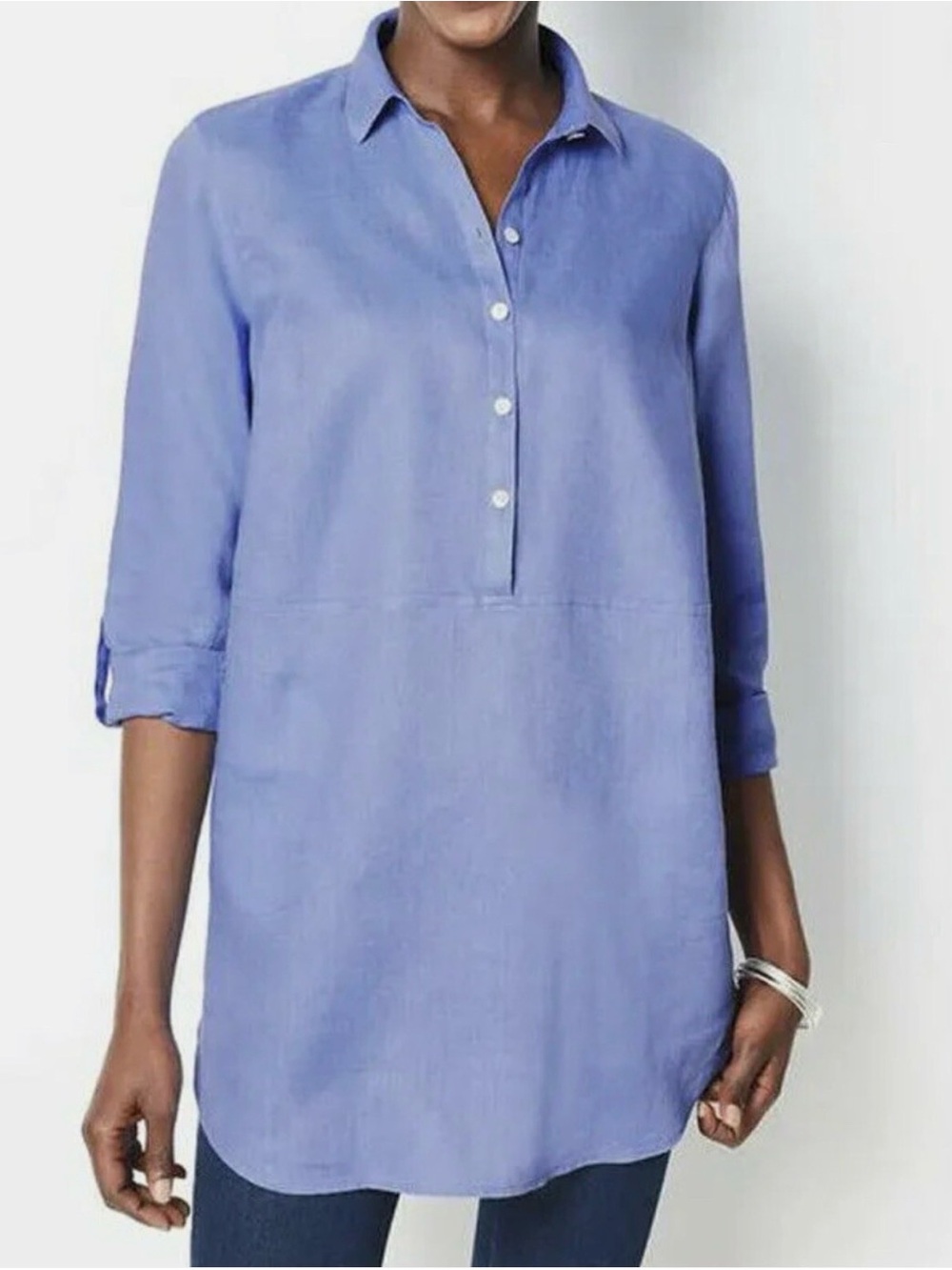 J. Jill Blue Linen Woven Tunic Blouse Collared Long Sleeve Button Pockets L